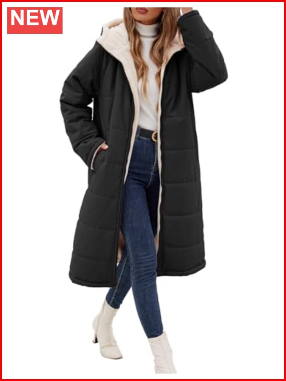 Reversible Long Puffer Coat Women Sherpa Fleece Lined Hooded Winter Jacket